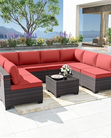 Patio Furniture Set 9-Pieces Outdoor Furniture for Backyard Wicker Sectional Sofa Set, Rattan Patio Conversation Set with Thickened Cushions and Glass Coffee Table, Red - LeafyLoom