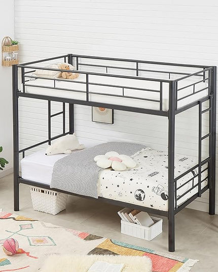 VECELO Metal Bunk Bed Twin Over Twin, Industrial Bunkbeds with Ladder and Full-Length Guardrail, Noise Free, No Boxing Spring Needed, Black - LeafyLoom