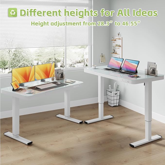 Electric Standing Desk with Drawer, 48 x 24 inches with Preassembled Top & USB Charging Ports, Height Adjustable for Home & Office, White Glass - LeafyLoom