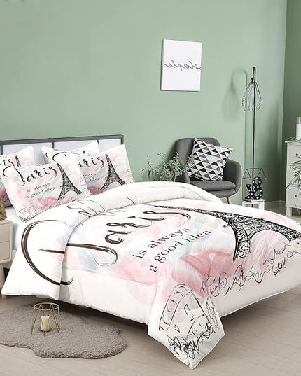 Bodhi Pink Comforter Set Twin,Paris Comforter Set for Girls,Cartoon Sketch Eiffel Tower Pink Bedding Set,Girls Pink Paris Bedding Set with Matching Pillowcase,Eiffel Tower Bedding Set - LeafyLoom