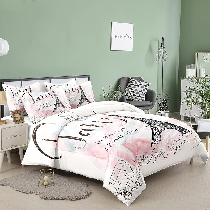 Bodhi Pink Comforter Set Twin,Paris Comforter Set for Girls,Cartoon Sketch Eiffel Tower Pink Bedding Set,Girls Pink Paris Bedding Set with Matching Pillowcase,Eiffel Tower Bedding Set - LeafyLoom