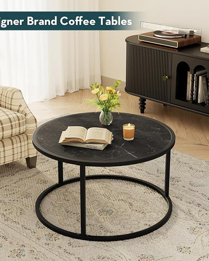 SAYGOER Small Coffee Table Black Round Marble Center Tables Open Space Underneath for Living Room Home Office 27.6 * 27.6 * 17.7, Black Faux Marble - LeafyLoom