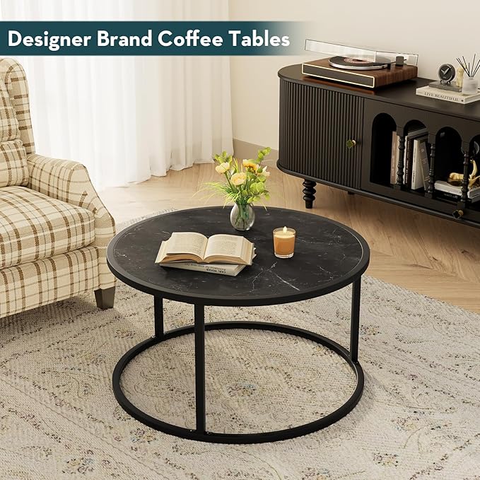 SAYGOER Small Coffee Table Black Round Marble Center Tables Open Space Underneath for Living Room Home Office 27.6 * 27.6 * 17.7, Black Faux Marble - LeafyLoom