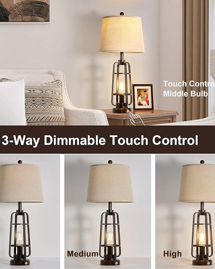 28.7" Farmhouse Table Lamps for Living Room Set of 2, 3-Way Dimmable Touch Lamps with USB A+C Ports, Rustic Industrial Nightstand Lamps for Bedroom, Bulbs Included - LeafyLoom