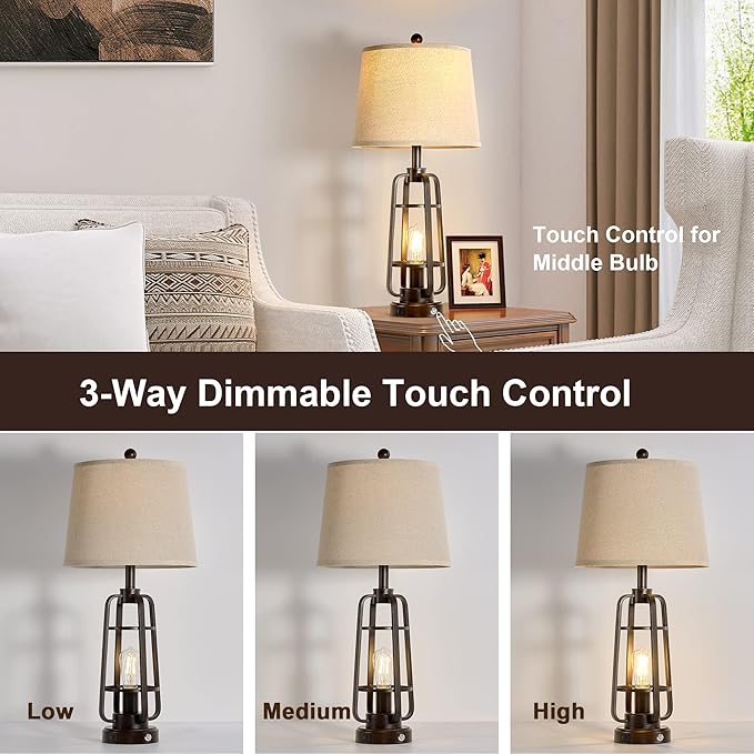 28.7" Farmhouse Table Lamps for Living Room Set of 2, 3-Way Dimmable Touch Lamps with USB A+C Ports, Rustic Industrial Nightstand Lamps for Bedroom, Bulbs Included - LeafyLoom