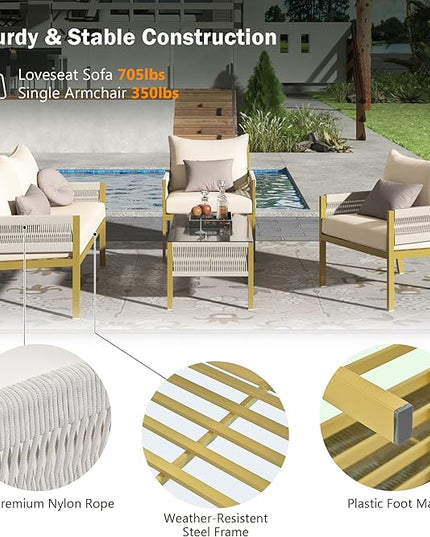 4-Piece Patio Conversation Furniture Set, Rope Weave Outdoor Loveseat Sofa with 2 Armchairs, Thick Cushion&Tempered Glass Table, for Garden Backyard, Onesize, Beige+Mustard Yellow - LeafyLoom