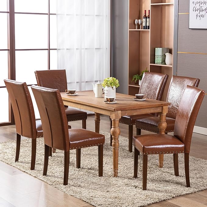 COLAMY Upholstered Parsons Dining Chairs Set of 2, PU Leather Dining Room Kitchen Side Chair with Nailhead Trim and Wood Legs - Light Brown - LeafyLoom