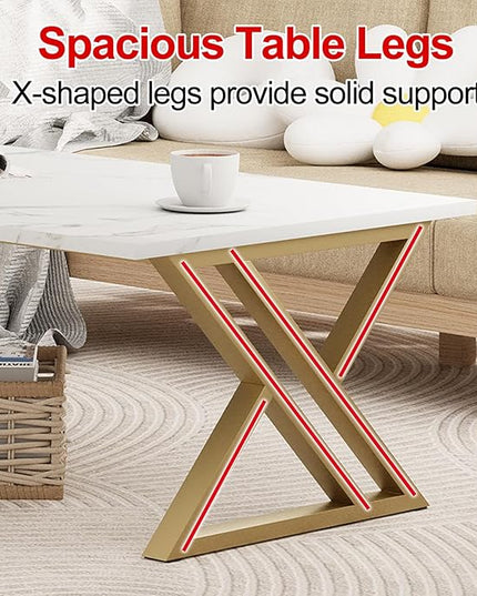 Coffee Table Living Room Table White Center Table, Simple Modern Faux Marble Rectangular Tea Table with Sturdy Gold-Finished Metal Frame,Industrial Wooden Coffee Table for Bedroom Home Office - LeafyLoom