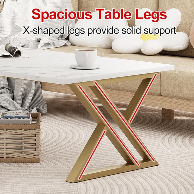 Coffee Table Living Room Table White Center Table, Simple Modern Faux Marble Rectangular Tea Table with Sturdy Gold-Finished Metal Frame,Industrial Wooden Coffee Table for Bedroom Home Office - LeafyLoom