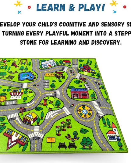 ToyVelt Kids Carpet Playmat Car Rug – Educational Road Traffic Carpet Multi Color Play Mat - Best Kids Rugs for Playroom & Kid Bedroom – for Ages 3-12 Years Old (43" L x 26" W) - LeafyLoom