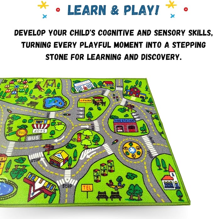 ToyVelt Kids Carpet Playmat Car Rug – Educational Road Traffic Carpet Multi Color Play Mat - X-Large 71" x 39" Best Kids Rugs for Playroom & Kid Bedroom – for Ages 3-12 Years Old - LeafyLoom