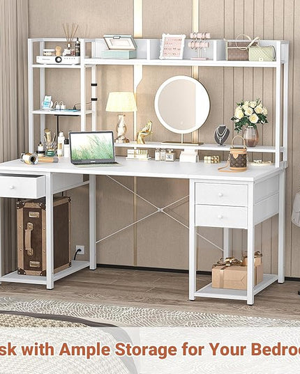 Aheaplus Desk with LED and Outlets, Gaming Desk with Hutch, 55.2'' Computer Desk with Drawers, Reversible Office Desk with Storage Bookshelf Large Workstation Desk with Shelf, Desk for Home, White - LeafyLoom
