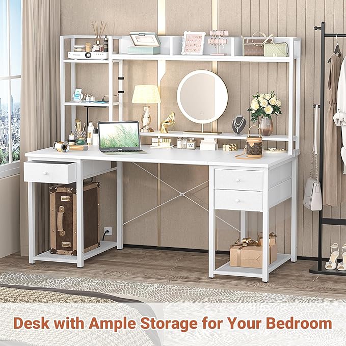 Aheaplus Desk with LED and Outlets, Gaming Desk with Hutch, 55.2'' Computer Desk with Drawers, Reversible Office Desk with Storage Bookshelf Large Workstation Desk with Shelf, Desk for Home, White - LeafyLoom