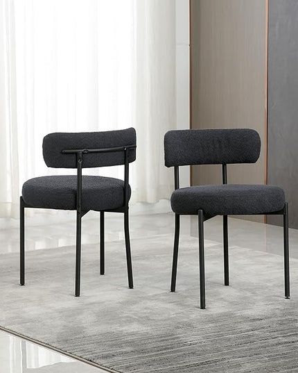 Black Dining Chairs Set of 2 Round Upholstered Boucle Dining Room Chairs Mid-Century Modern Kitchen Chairs Curved Backrest Chairs for Dining Room Black Metal Legs - LeafyLoom