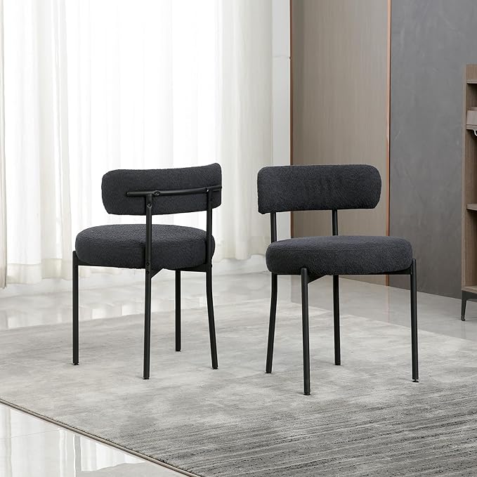 Black Dining Chairs Set of 2 Round Upholstered Boucle Dining Room Chairs Mid-Century Modern Kitchen Chairs Curved Backrest Chairs for Dining Room Black Metal Legs - LeafyLoom