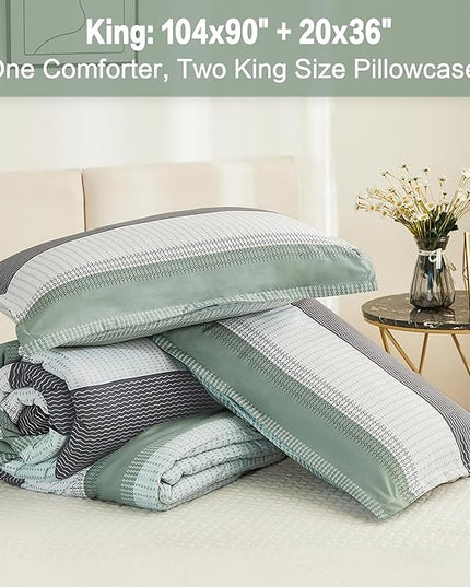 Litanika King Size Comforter Set Sage Green - 3 Pieces Lightweight Bedding Comforter Sets, Light Green White Colorblock Stripe Fluffy Bed Set, All Season Down Alternative - LeafyLoom