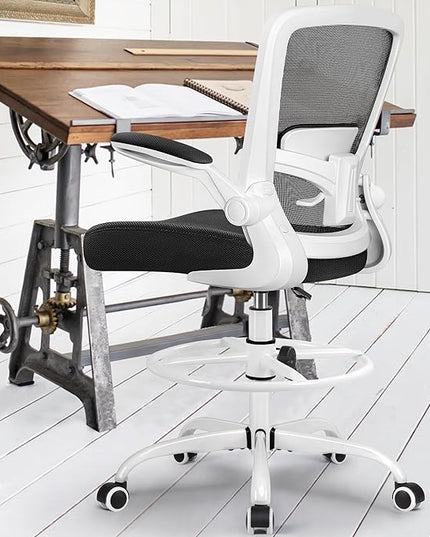 FelixKing Drafting Chair Ergonomic Tall Office Chair, Breathable Mesh Chair with Adjustable Footrest Ring Lumbar Support Flip-up Armrests, High Back Executive Comfy Task Computer Chair for Home Office - LeafyLoom