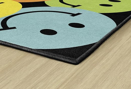Flagship Carpets Schoolgirl Style Big Rainbow Smiley Faces Educational Area Rug for Kids Room Seating Décor, Children's Classroom, Play Carpet for Teaching and Playroom, 7'6" x 12', Black & Multi - LeafyLoom
