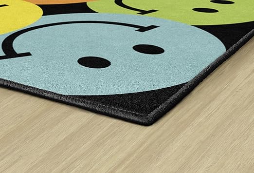 Flagship Carpets Schoolgirl Style Big Rainbow Smiley Faces Educational Area Rug for Kids Room Seating Décor, Children's Classroom, Play Carpet for Teaching and Playroom, 7'6" x 12', Black & Multi - LeafyLoom