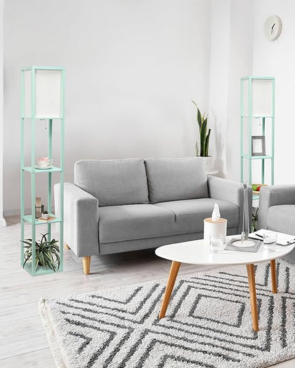 Simple Designs LF1014-AQU-2PK Three Shelf Etagere Organizer Storage Floor Lamp 2 Pack Set with White Linen Shade for Living Room, Bedroom, Office, Hallway, Aqua - LeafyLoom