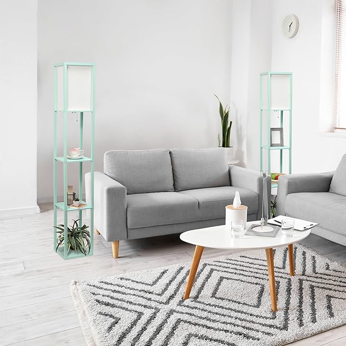 Simple Designs LF1014-AQU-2PK Three Shelf Etagere Organizer Storage Floor Lamp 2 Pack Set with White Linen Shade for Living Room, Bedroom, Office, Hallway, Aqua - LeafyLoom