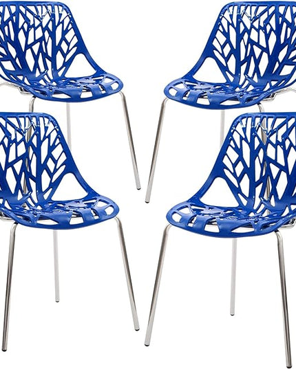 CangLong Modern Mid Century Plastic Shell Hollow Out Chair with Matal Legs for Living, Bedroom, Kitchen, Dining, Waiting Room,Set of 4, Blue - LeafyLoom