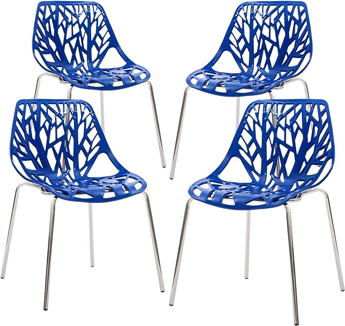 CangLong Modern Mid Century Plastic Shell Hollow Out Chair with Matal Legs for Living, Bedroom, Kitchen, Dining, Waiting Room,Set of 4, Blue - LeafyLoom