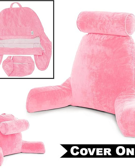 Husband Pillow XXL Cover Micro Plush Easy-Care Fabric Designed with Vibrant Long Lasting Color, Lush with Back & Side Pockets - Wide Large Zipper, Bed Rest Reading Pillowcase, Pink - LeafyLoom