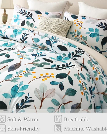 Whale Flotilla Queen Full Comforter Set, Soft Reversible Navy Leaf Bedding Comforter Set with Botanical Pattern, 1 Micoriber Printed Comforter and 2 Pillow Shams, 3 Pieces - LeafyLoom