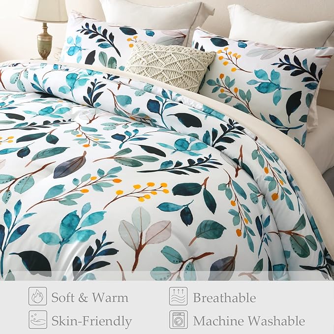 Whale Flotilla Queen Full Comforter Set, Soft Reversible Navy Leaf Bedding Comforter Set with Botanical Pattern, 1 Micoriber Printed Comforter and 2 Pillow Shams, 3 Pieces - LeafyLoom