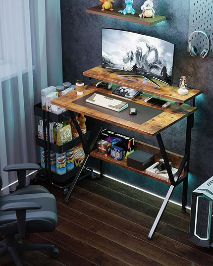 COTUBLR Small Desk, 27.5 Inch Small Computer Desk for Small Spaces, Computer Desk with Adjustable Monitor Stand, Compact Desk with Storage, Tiny Desk Study Desk for Bedroom Home Office, Rustic Brown - LeafyLoom