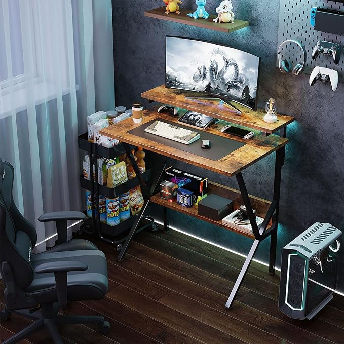 COTUBLR Small Desk, 27.5 Inch Small Computer Desk for Small Spaces, Computer Desk with Adjustable Monitor Stand, Compact Desk with Storage, Tiny Desk Study Desk for Bedroom Home Office, Rustic Brown - LeafyLoom