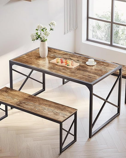 VECELO 55" Kitchen Table Set for 4-6, Wood Dining Room Dinette 2 Benches with Metal Frame for Breakfast Nook and Small Space, Brown - LeafyLoom