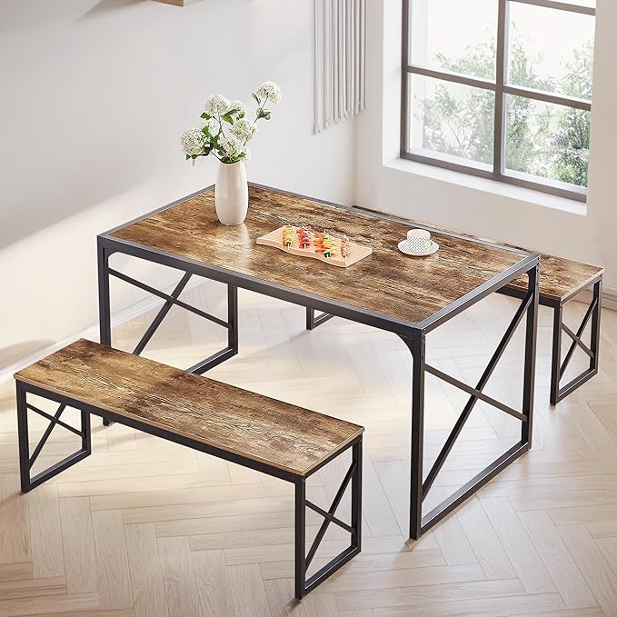 VECELO 55" Kitchen Table Set for 4-6, Wood Dining Room Dinette 2 Benches with Metal Frame for Breakfast Nook and Small Space, Brown - LeafyLoom