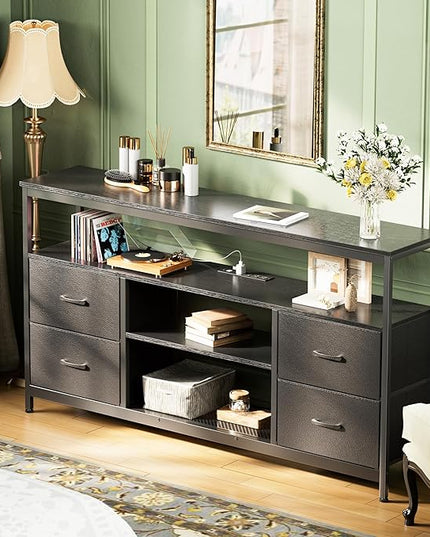 TV Stand Dresser with Power Outlets and LED Lights, 4 Drawers Entertainment Center with Shelf, 54 Inch Media Console for 55 60 Inch TV, 4 AC Outlets, 2 USBs, Dresser with PU Finish, Black - LeafyLoom