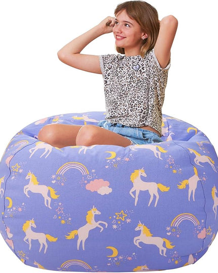 Aubliss Stuffed Animal Bean Bag Storage Chair (Light Blue Unicorn, Large (38'')) - LeafyLoom