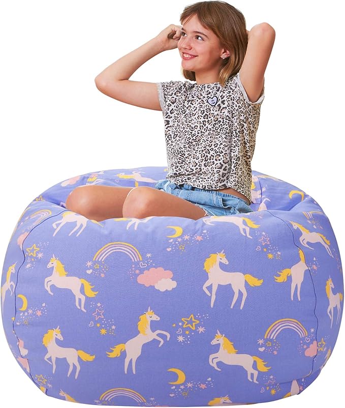 Aubliss Stuffed Animal Bean Bag Storage Chair (Light Blue Unicorn, Large (38'')) - LeafyLoom