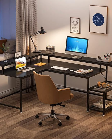 L-Shaped Desk with Monitor Shelf, Black - LeafyLoom