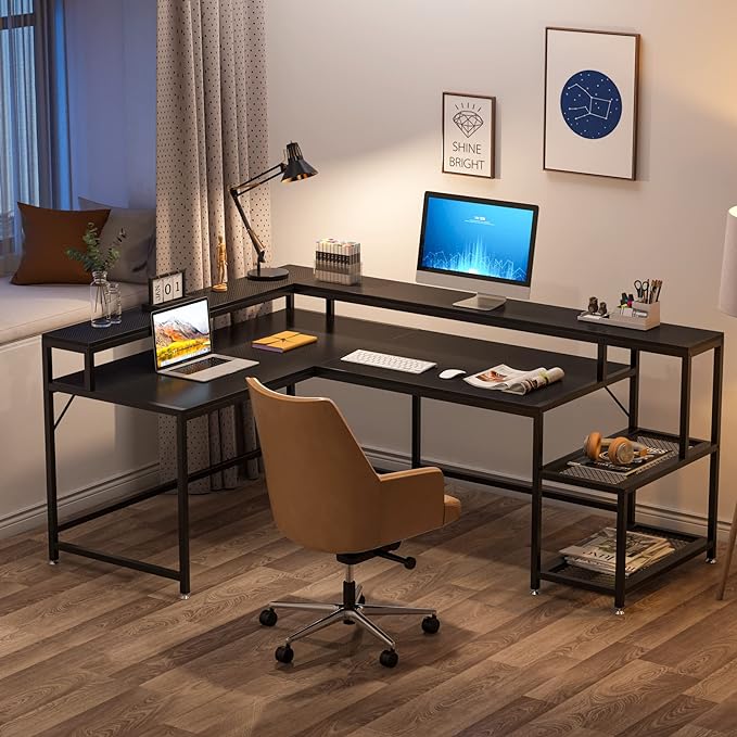 L-Shaped Desk with Monitor Shelf, Black - LeafyLoom