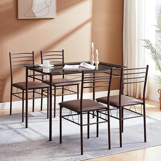 VECELO Kitchen Dining Room Table and Chairs [4 Placemats Included] 5-Piece Dinette Sets, Space Saving (Brown), 43.3" - LeafyLoom