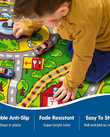 Booooom Jackson City Playmat Rug, Green, 60 x 32 inches, Non-Slip, Machine Washable, Compatible with Hot Wheels and Matchbox Cars, Ideal for Kids Room or Playroom - LeafyLoom