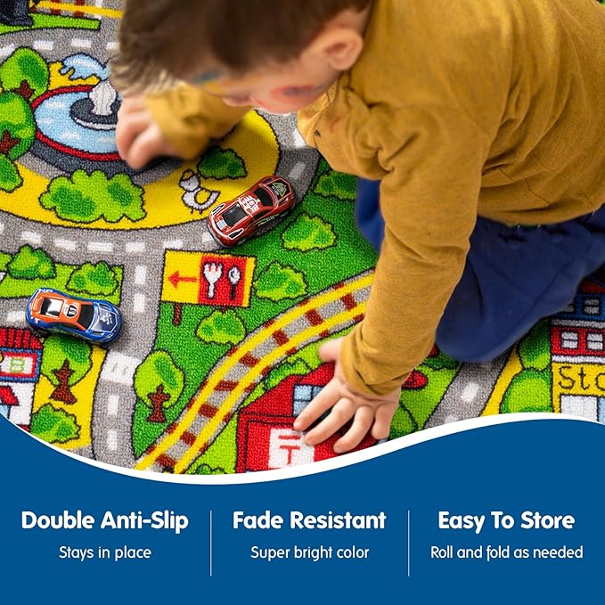 Booooom Jackson City Playmat Rug, Green, 60 x 32 inches, Non-Slip, Machine Washable, Compatible with Hot Wheels and Matchbox Cars, Ideal for Kids Room or Playroom - LeafyLoom