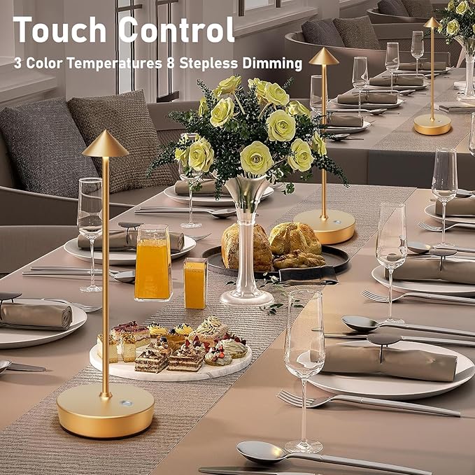 Rechargeable Cordless Table Lamp, 6000mAh LED Battery Operated Desk Lamp Touch 3 Color Stepless Dimming Portable Outdoor Waterproof Table Light for Patio/Restaurant/Dining/Home (Gold) - LeafyLoom