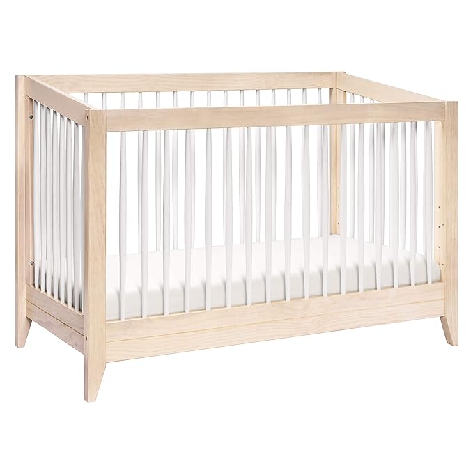 Babyletto Sprout 4-in-1 Convertible Crib with Toddler Bed Conversion Kit in Washed Natural and White, Greenguard Gold Certified - LeafyLoom