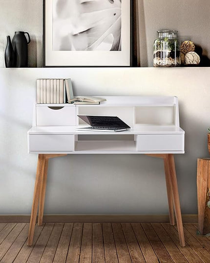 Teamson Home Creativo Writing Study Computer Desk with Solid Wood Legs, Storage Drawers and Open Shelves Hutch for Home Office Living Room Reading Bedroom, 37 inch Height, White - LeafyLoom