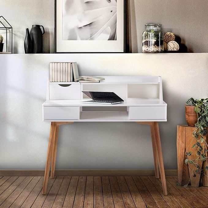 Teamson Home Creativo Writing Study Computer Desk with Solid Wood Legs, Storage Drawers and Open Shelves Hutch for Home Office Living Room Reading Bedroom, 37 inch Height, White - LeafyLoom