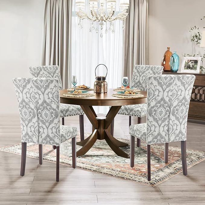 Parsons Dining Chairs Set of 4, Upholstered Nailhead Dining Room Kitchen Side Chair with Thick Cushions and Wood Legs, White/Grey - LeafyLoom