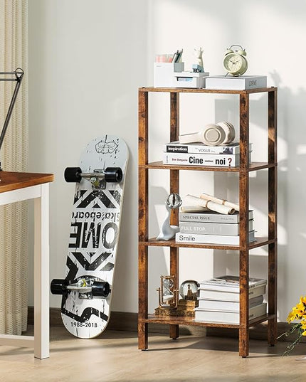 4 Tier Tall Wooden Bookshelf with Storage, Narrow Bookcase for Small Space, Small Book Shelf for Living Room, Office, Bedroom, Kitchen, Industrial, Rustic Brown - LeafyLoom