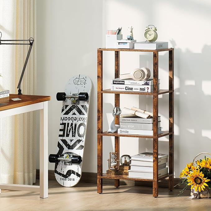 4 Tier Tall Wooden Bookshelf with Storage, Narrow Bookcase for Small Space, Small Book Shelf for Living Room, Office, Bedroom, Kitchen, Industrial, Rustic Brown - LeafyLoom