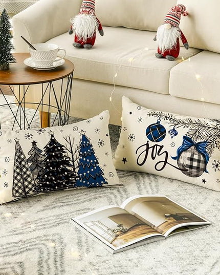AVOIN colorlife Merry Christmas Joy Xmas Trees Blue and Black Throw Pillow Covers, 12 x 20 Inch Christmas Winter Holiday Cushion Case Decoration for Sofa Couch Set of 4 AVOINcolorlife